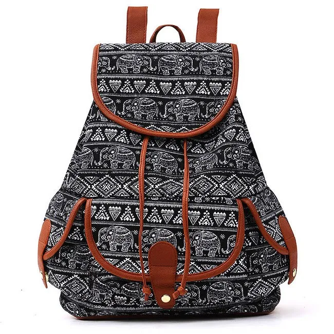 Folk Irregular Totem Geometric Patterns PU Elephant Printing 3 Pockets School Canvas Backpack